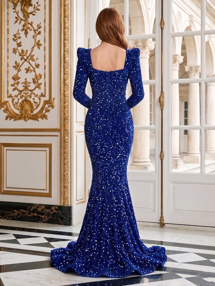 Sequin Mermaid Square Neck Long Evening Dresses with Corset