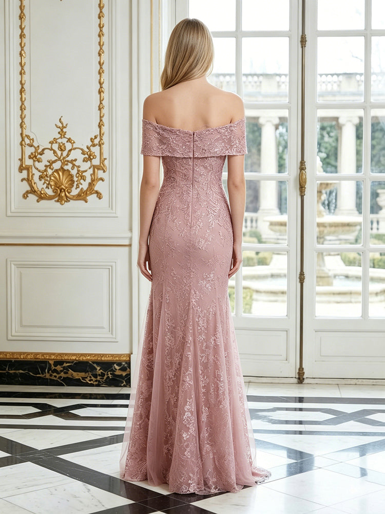 Tulle Mermaid Off the Shoulder Long Evening Dresses with Sequin Embroidery
