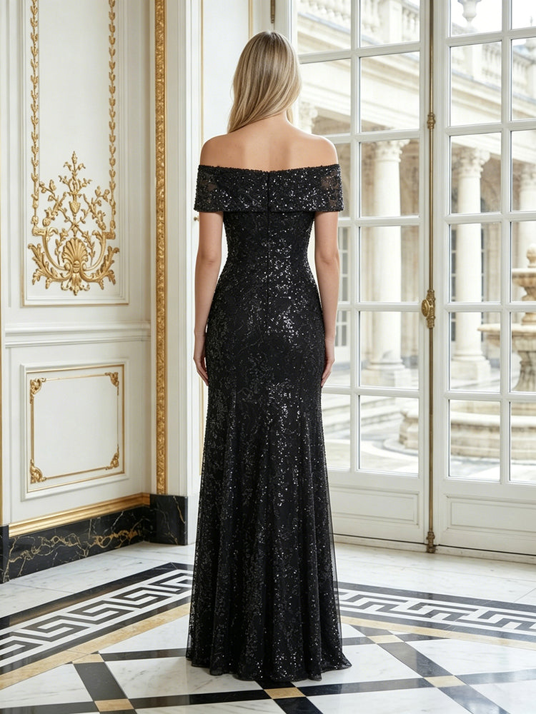 Mesh Mermaid Off the Shoulder Long Evening Dresses with Split Side