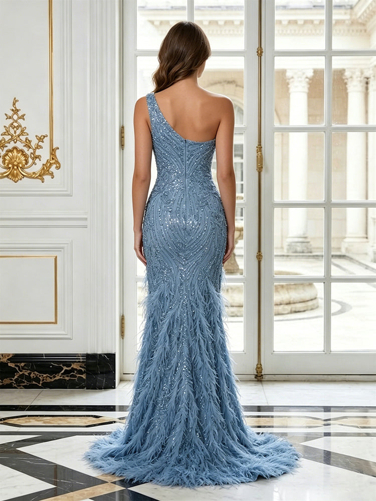 Sequin Mermaid One Shoulder Long Evening Dresses with Feather