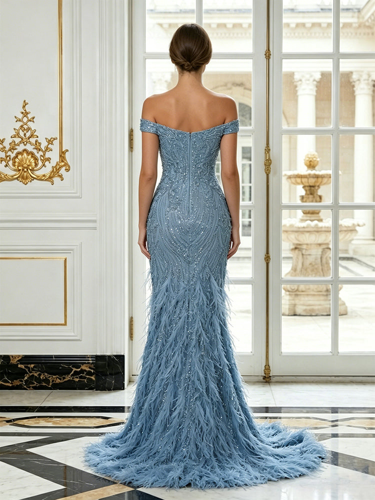 Sequin Mermaid Off the Shoulder Long Evening Dresses with Feather