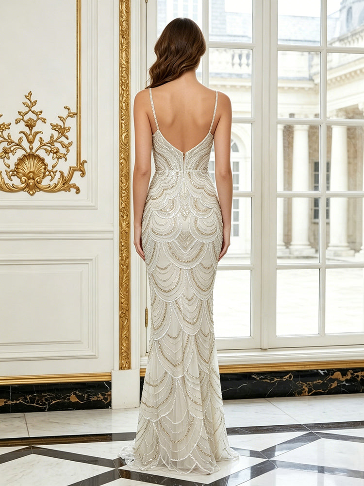 Tulle Mermaid Spaghetti Straps Long Evening Dresses with Sequin