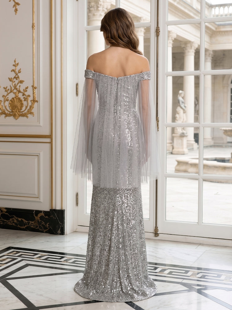 Sequin Mermaid Off the Shoulder Long Evening Dresses with Side Slit
