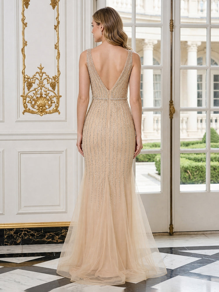 Tulle Mermaid V Neck Long Evening Dresses with Rhinestone