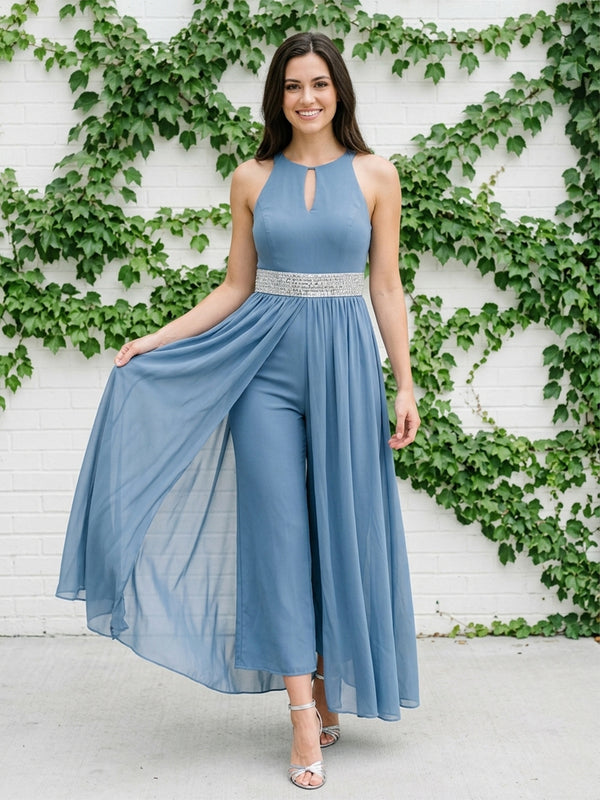 Chiffon Pantsuit Halter Long Evening Dresses with Ruffles