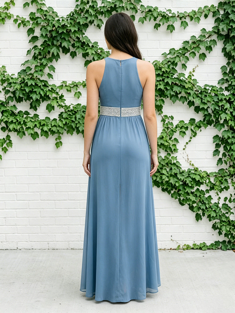 Chiffon Pantsuit Halter Long Evening Dresses with Ruffles
