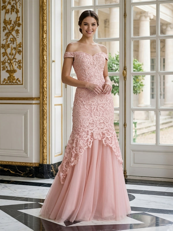 Tulle Mermaid Off the Shoulder Long Evening Dresses with Lace Applique