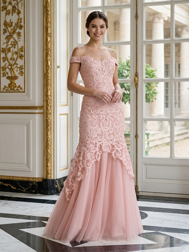 Tulle Mermaid Off the Shoulder Long Evening Dresses with Lace Applique
