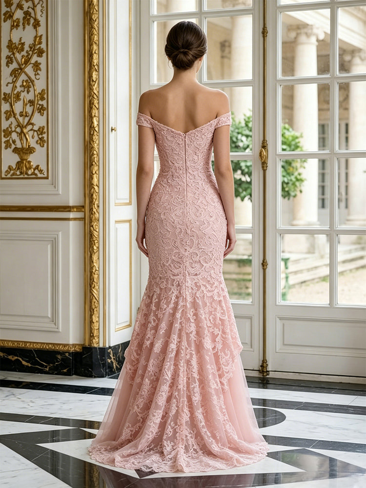 Tulle Mermaid Off the Shoulder Long Evening Dresses with Lace Applique