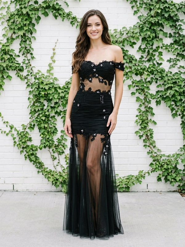 Tulle Mermaid Off the Shoulder Long Evening Dresses with Pleats