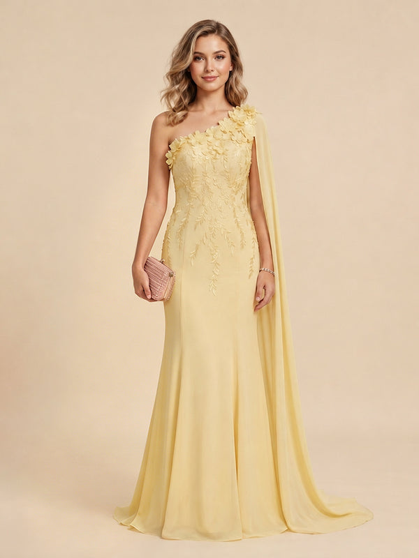 Chiffon Mermaid One Shoulder Long Evening Dresses with 3D Flowers