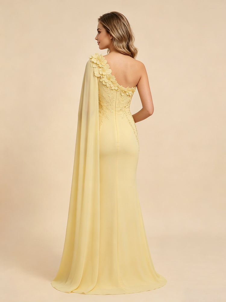 Chiffon Mermaid One Shoulder Long Evening Dresses with 3D Flowers