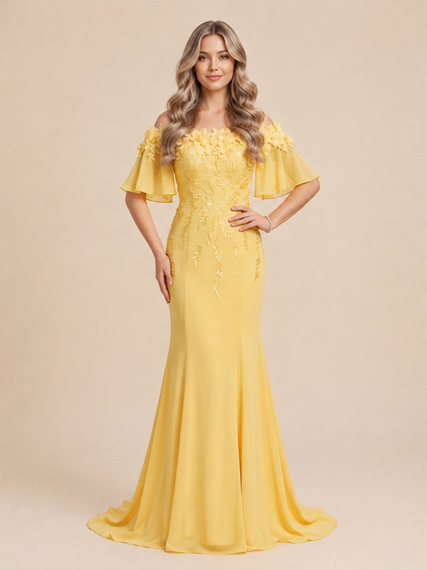 Chiffon Mermaid Off the Shoulder Long Evening Dresses with 3D Flowers