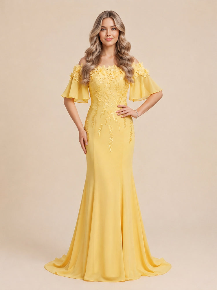 Chiffon Mermaid Off the Shoulder Long Evening Dresses with 3D Flowers