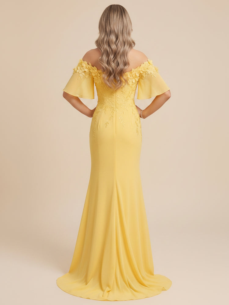 Chiffon Mermaid Off the Shoulder Long Evening Dresses with 3D Flowers