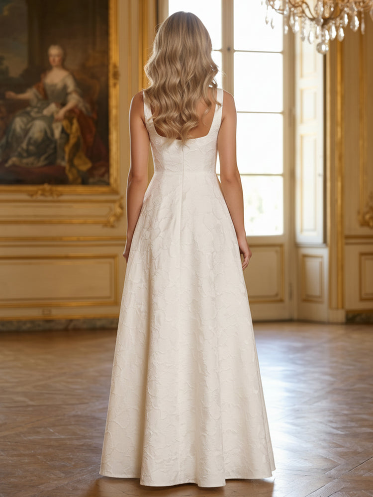 Jacquard A-Line Square Neck Long Evening Dresses with Slit