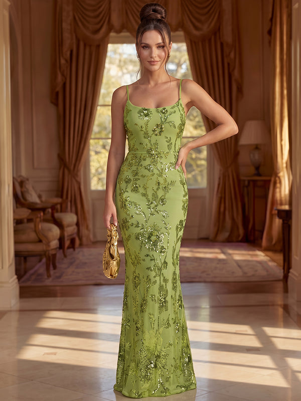 Spaghetti Strap Sheer Mesh Mermaid All Over Floral Sequin Embroidery Slim Bodycon Floor Length Evening Gown