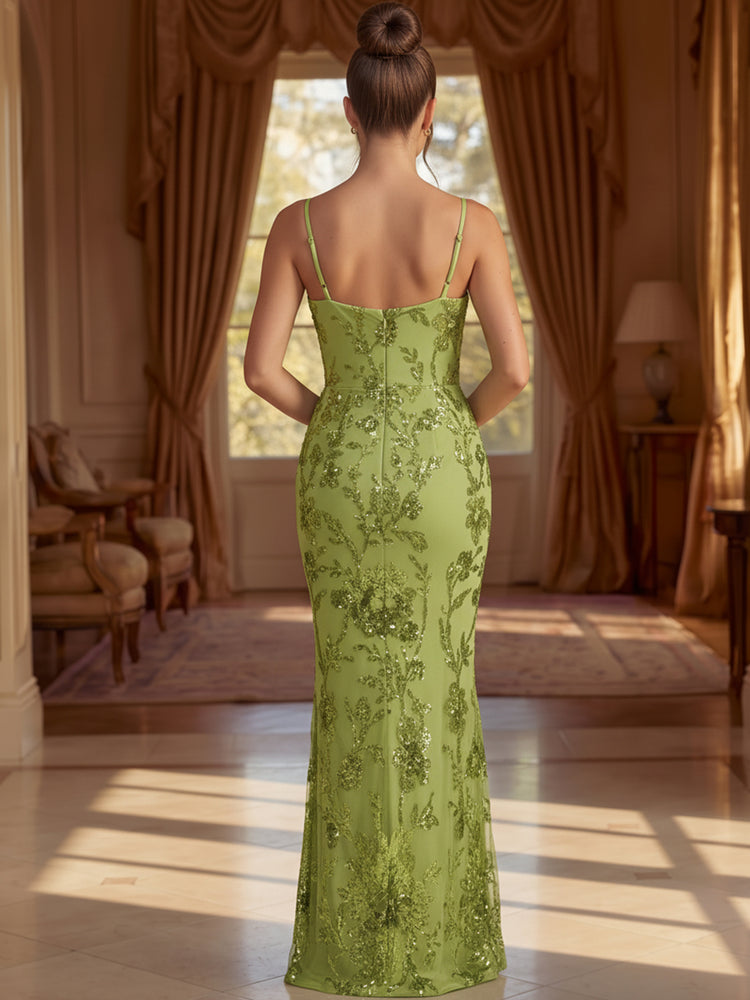 Spaghetti Strap Sheer Mesh Mermaid All Over Floral Sequin Embroidery Slim Bodycon Floor Length Evening Gown