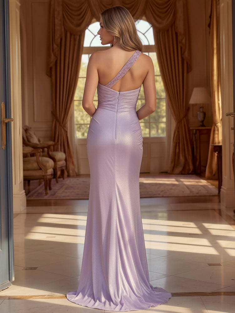 Metallic Satin Mermaid One Shoulder Long Evening Dresses with Rhinestone