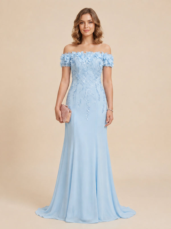 Chiffon Mermaid Off the Shoulder Long Evening Dresses with 3D Flowers