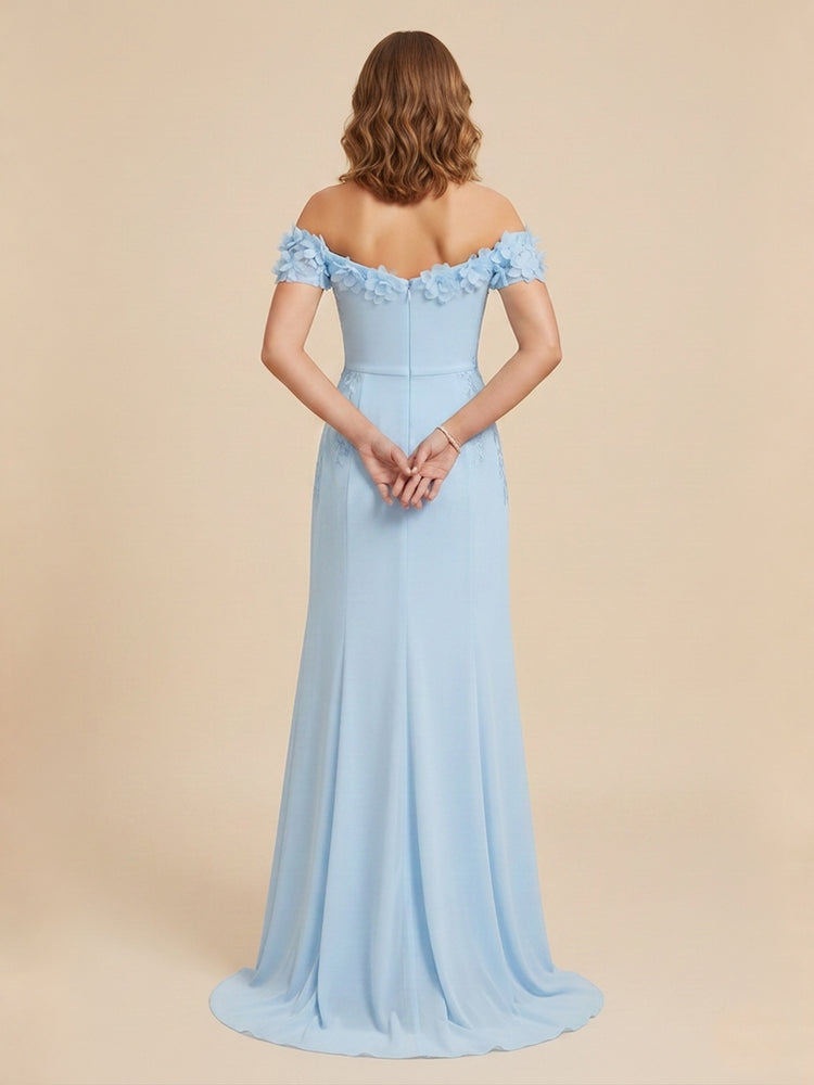 Chiffon Mermaid Off the Shoulder Long Evening Dresses with 3D Flowers