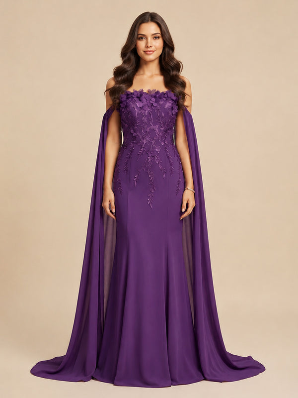 Chiffon Mermaid Off the Shoulder Long Evening Dresses with 3D Flowers