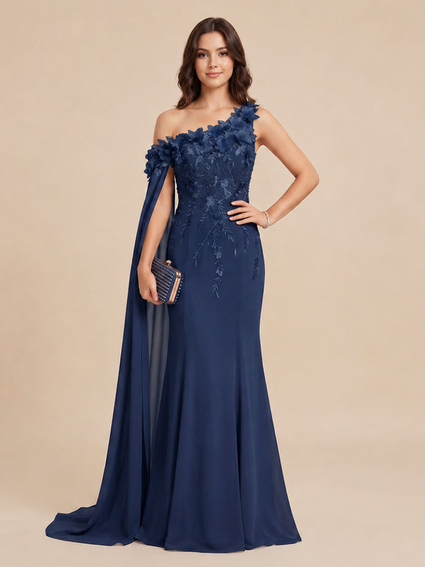 Chiffon Mermaid One Shoulder Long Evening Dresses with 3D Flowers