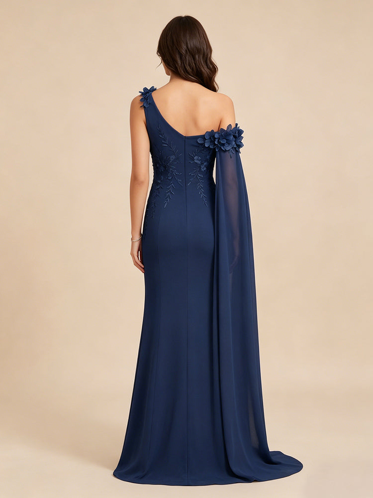 Chiffon Mermaid One Shoulder Long Evening Dresses with 3D Flowers