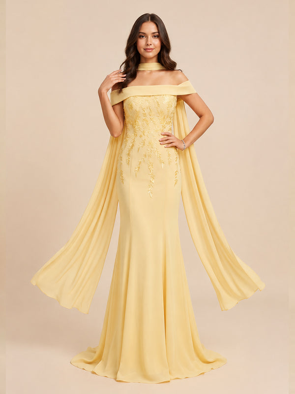 Chiffon Mermaid Off the Shoulder Long Evening Dresses with Applique
