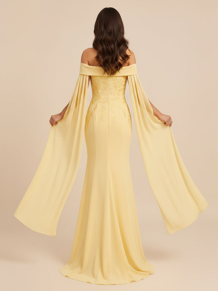 Chiffon Mermaid Off the Shoulder Long Evening Dresses with Applique