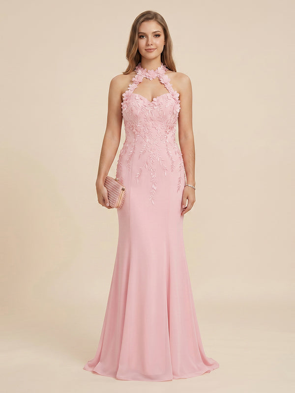 Chiffon Mermaid Halter Long Evening Dresses with 3D Flowers