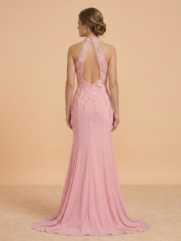 Chiffon Mermaid Halter Long Evening Dresses with 3D Flowers
