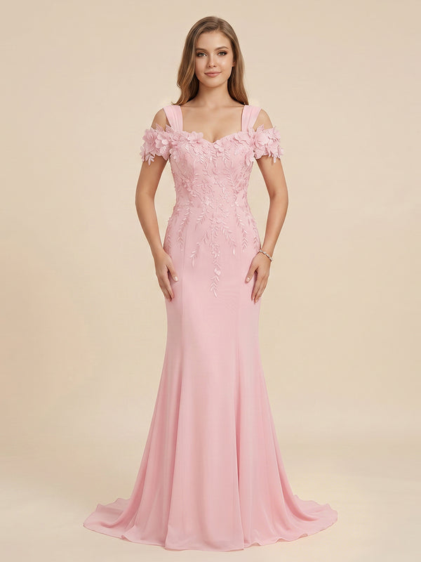 Chiffon Mermaid Off the Shoulder Long Evening Dresses with 3D Flowers