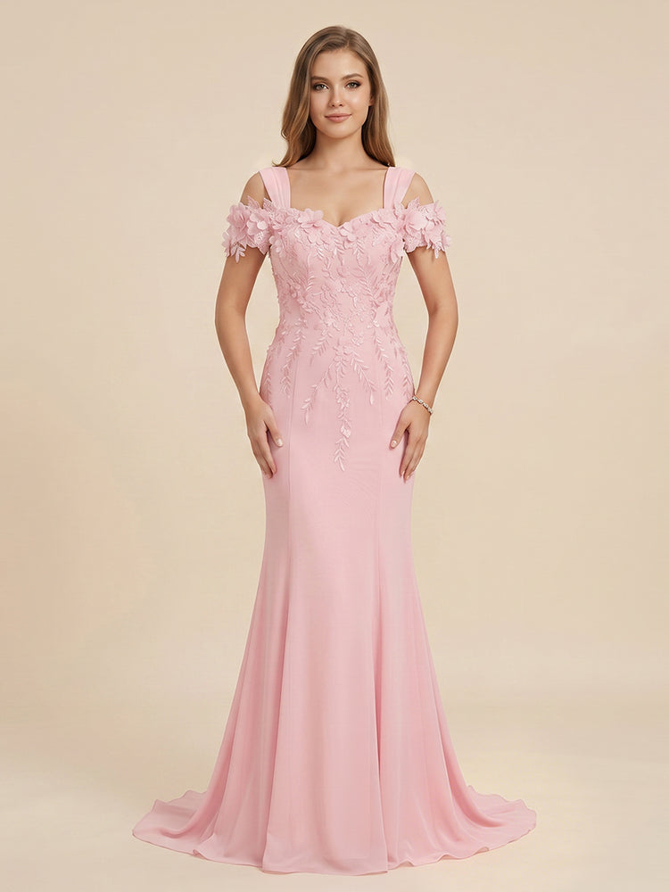 Chiffon Mermaid Off the Shoulder Long Evening Dresses with 3D Flowers