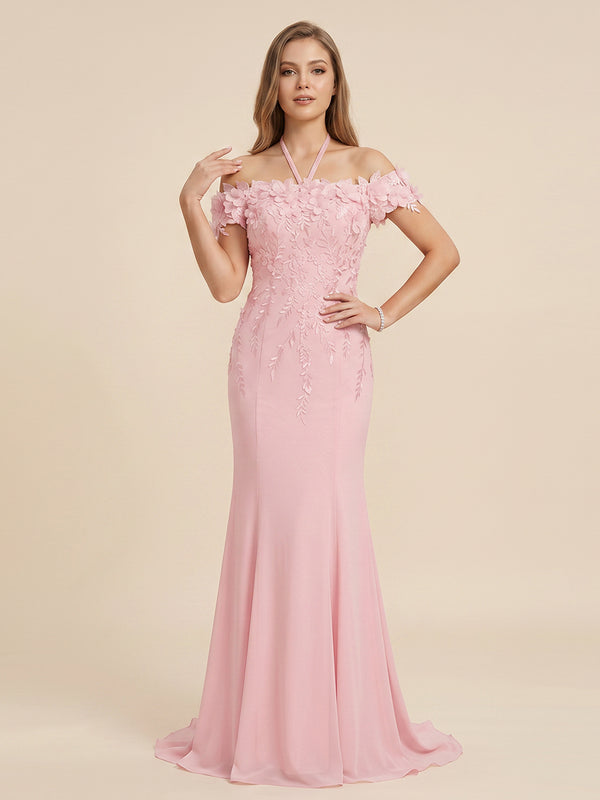 Chiffon Mermaid Halter Long Evening Dresses with 3D Flowers
