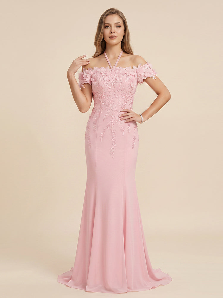 Chiffon Mermaid Halter Long Evening Dresses with 3D Flowers