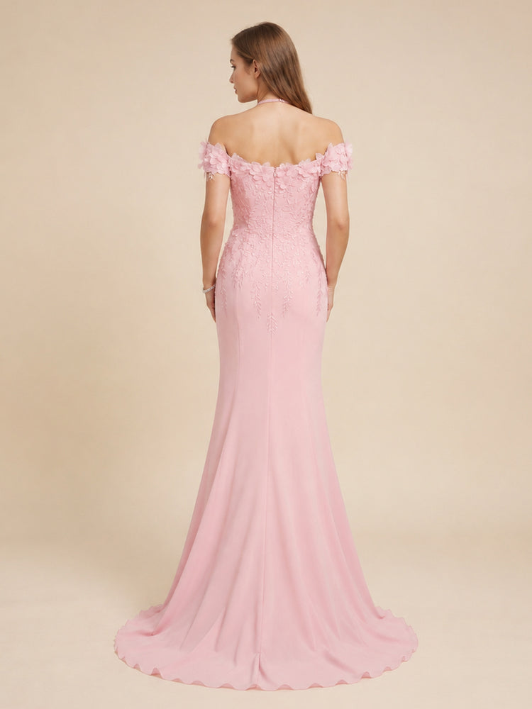 Chiffon Mermaid Halter Long Evening Dresses with 3D Flowers