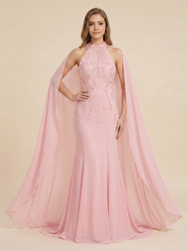 Chiffon Mermaid Halter Long Evening Dresses with Cape