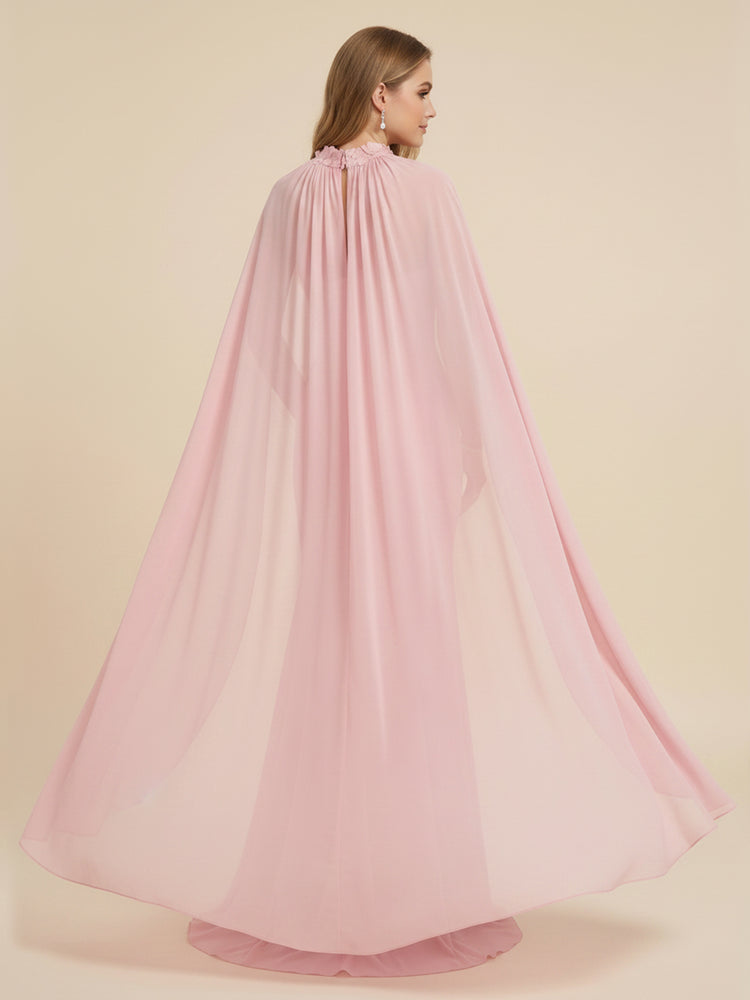 Chiffon Mermaid Halter Long Evening Dresses with Cape