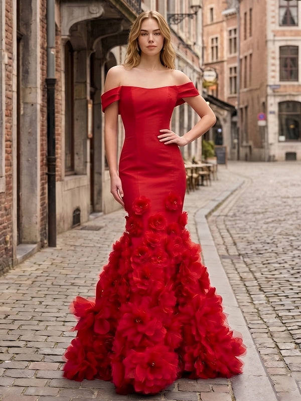 Satin Mermaid Off the Shoulder Long Evening Dresses with 3D Flowers