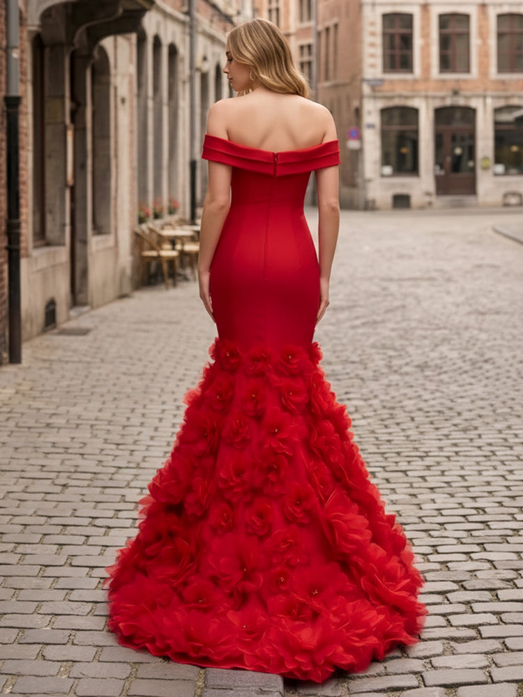 Satin Mermaid Off the Shoulder Long Evening Dresses with 3D Flowers