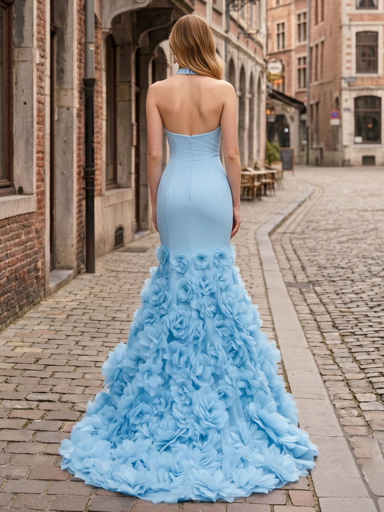 Satin Mermaid Halter Long Evening Dresses with 3D Flowers