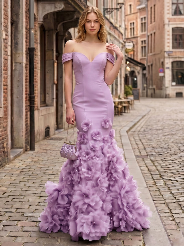 Satin Mermaid Off the Shoulder Long Evening Dresses with 3D Flowers