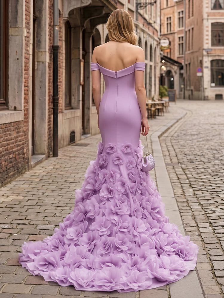 Satin Mermaid Off the Shoulder Long Evening Dresses with 3D Flowers