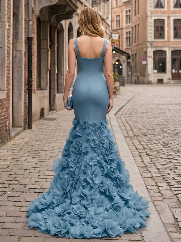 Satin Mermaid Square Neck Long Evening Dresses with 3D Flowers