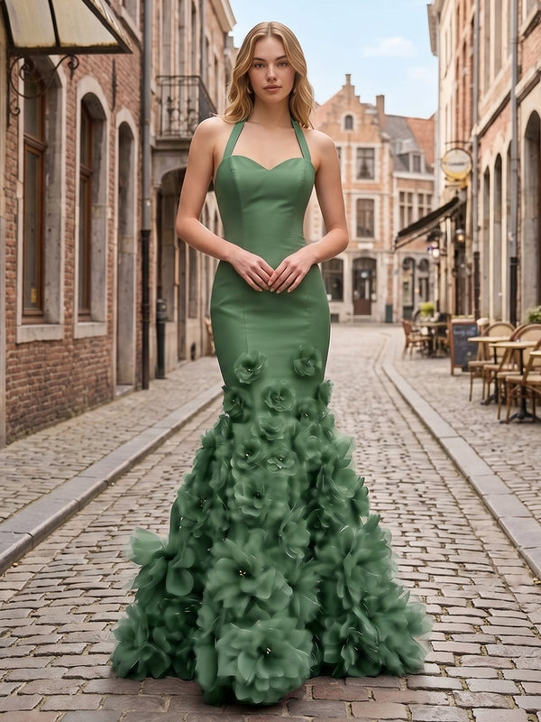 Satin Mermaid Halter Long Evening Dresses with 3D Flowers