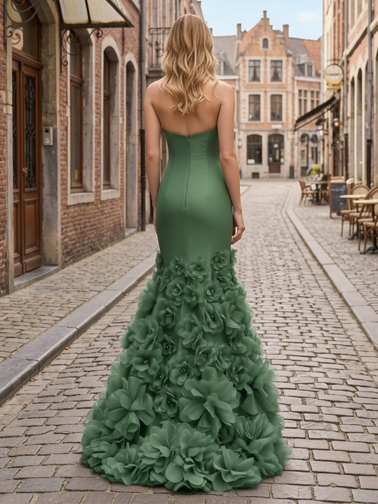Satin Mermaid Halter Long Evening Dresses with 3D Flowers