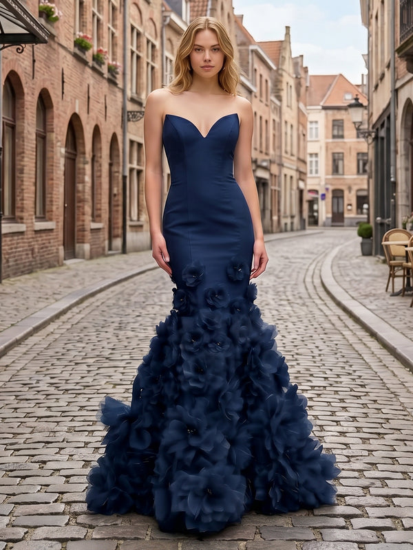 Satin Mermaid Sweetheart Long Evening Dresses with 3D Flowers