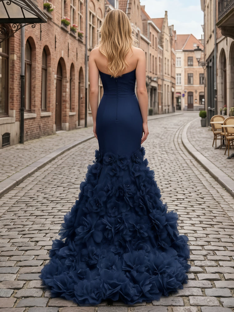 Satin Mermaid Sweetheart Long Evening Dresses with 3D Flowers