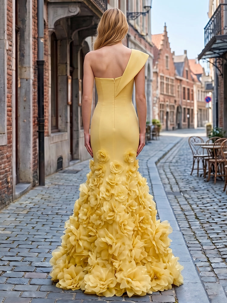 Satin Mermaid One Shoulder Long Evening Dresses with 3D Flowers
